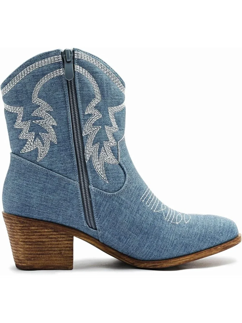 Women's Denim Blue Pointed Toe Cowgirl Faux Leather Side Zipper Ankle Booties